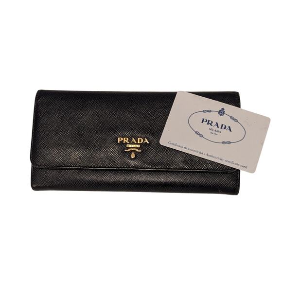 PRADA Black Saffiano Leather Wallet with Gold Zipper COA Card Included - Picture 1 of 16